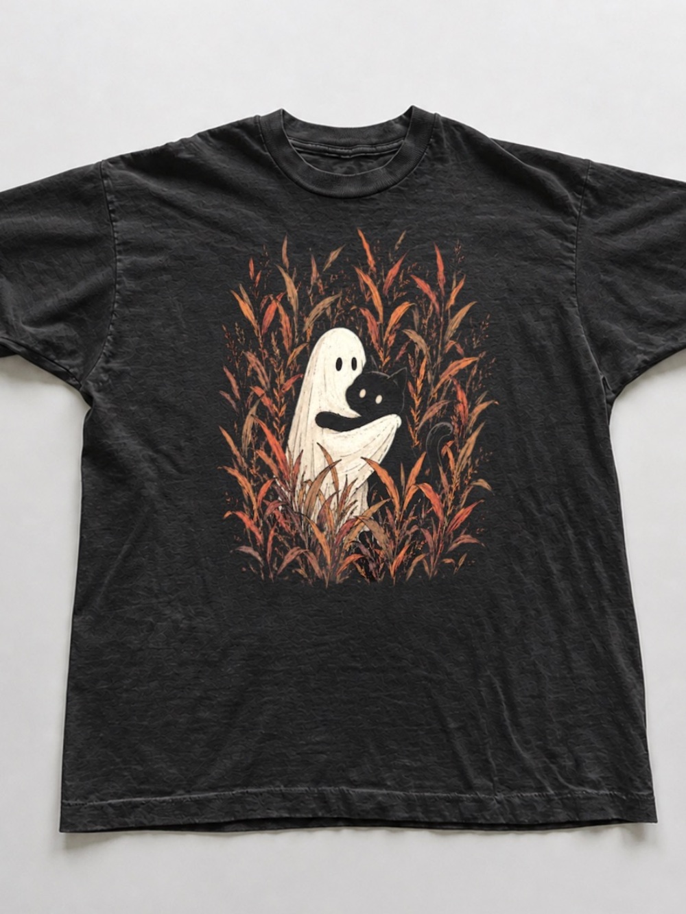 Black Tee with Ghost & Cat Graphic